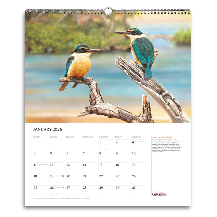 Calendar with Kingfisher birds on a branch, January 2026 displayed.