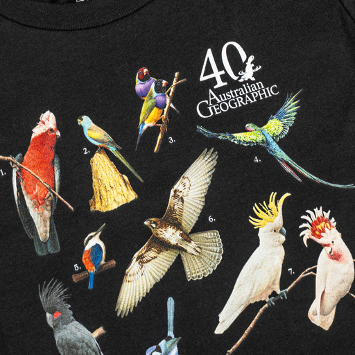 Black t-shirt with colorful bird illustrations and '40 Australian Geographic' logo.