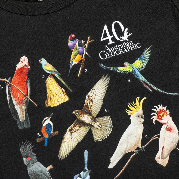 Black t-shirt with colorful bird illustrations and '40 Australian Geographic' logo.