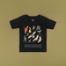 Black t-shirt with colorful parrot illustrations on a beige background