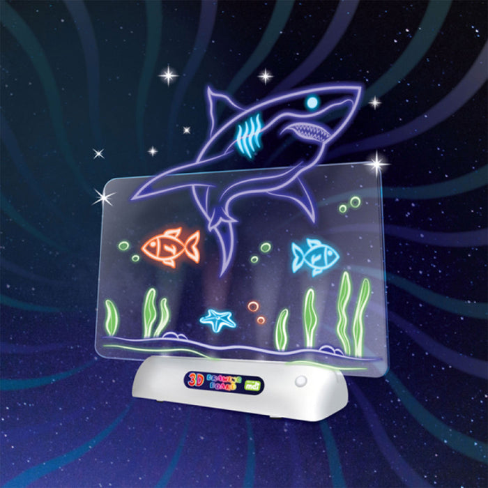 Shark-themed 3D drawing pad with glowing fish illustrations on a dark blue background