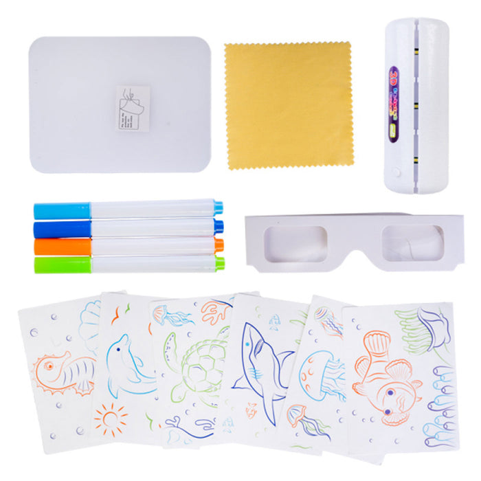Collection of educational tools including a whiteboard, markers, a cloth, and coloring books with animal illustrations on a white background.