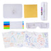 Collection of educational tools including a whiteboard, markers, a cloth, and coloring books with animal illustrations on a white background.