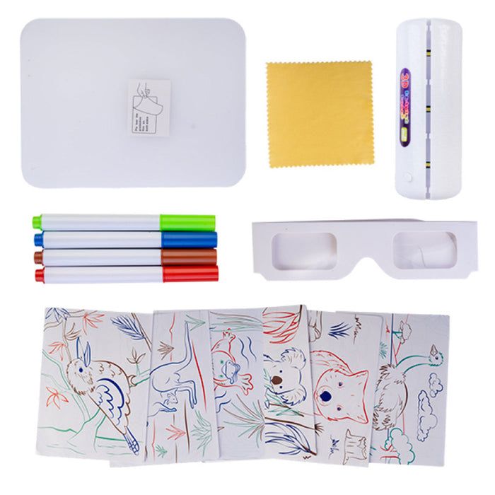 Collection of art supplies including markers, a coloring book, and a light box on a white background.