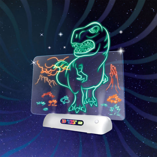 3D dinosaur drawing tablet with glowing dinosaur illustration on a starry night background
