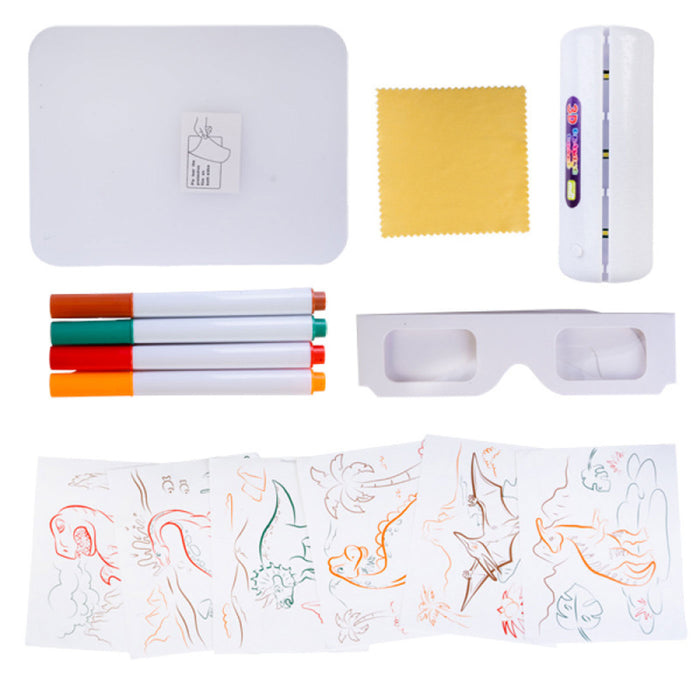 Collection of stationery items including markers, a small whiteboard, and coloring sheets on a white background.