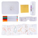 Collection of stationery items including markers, a small whiteboard, and coloring sheets on a white background.