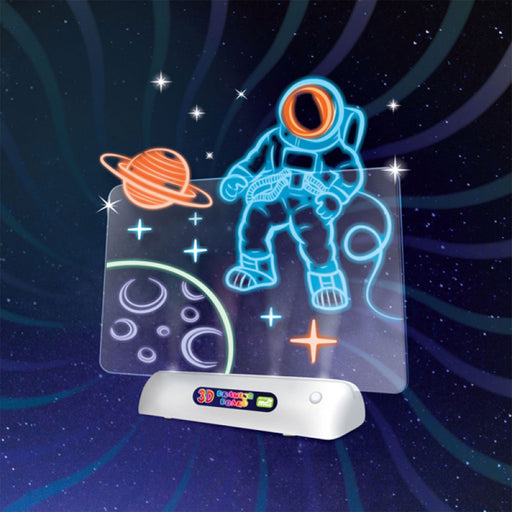 3D drawing of an astronaut and planets on a dark space-themed background