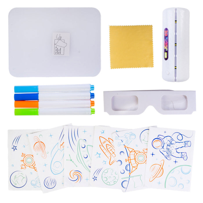 Set of stationery items including a whiteboard, markers, glasses, and coloring sheets on a white background.
