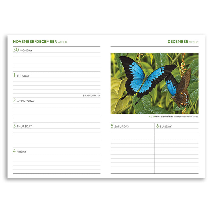Weekly planner with butterfly illustration on a white background