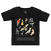 Black t-shirt with colorful bird illustrations and Australian Geographic logo on a white background