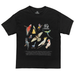 Black t-shirt with colorful bird illustrations on a white background