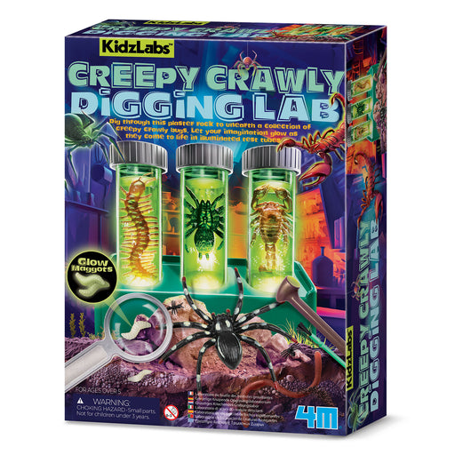 The retail packaging box for the 'Creepy Crawly Digging Lab' by KidzLabs. The box features a dark, spooky theme with illustrations of a green glow-in-the-dark bug, a green scorpion, and a large black spider, alongside three glowing specimen tubes and a magnifying glass.
