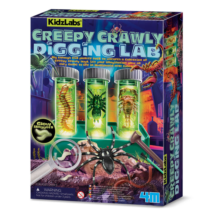 The retail packaging box for the 'Creepy Crawly Digging Lab' by KidzLabs. The box features a dark, spooky theme with illustrations of a green glow-in-the-dark bug, a green scorpion, and a large black spider, alongside three glowing specimen tubes and a magnifying glass.