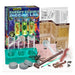 KidzLabs Creepy Crawly Digging Lab kit with its colorful retail box, instruction booklet, clear plastic vials, teal tray, gray caps, magnifying glass, wooden scoop, and various toy insects and spiders arranged on a white background.