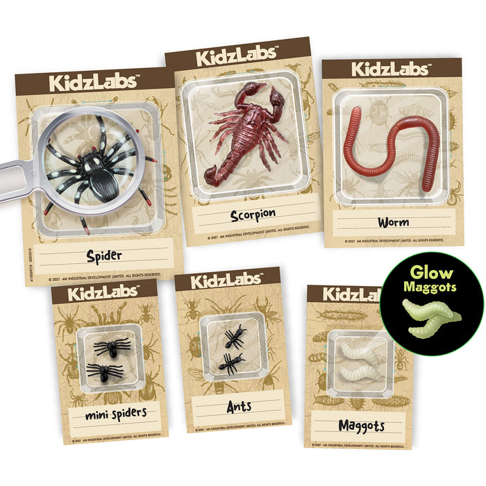 Collection of Kidzlabs educational toy packages featuring various small creatures and a magnifying glass.