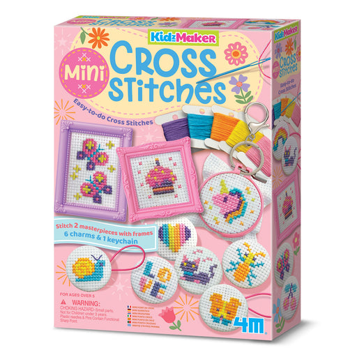 Box of 4M Mini Cross Stitches craft kit with colorful designs on a white background