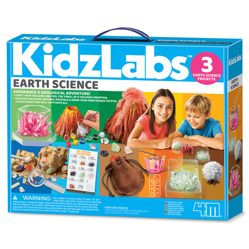 Box of KidzLabs Earth Science kit with images of children and science projects on a white background.