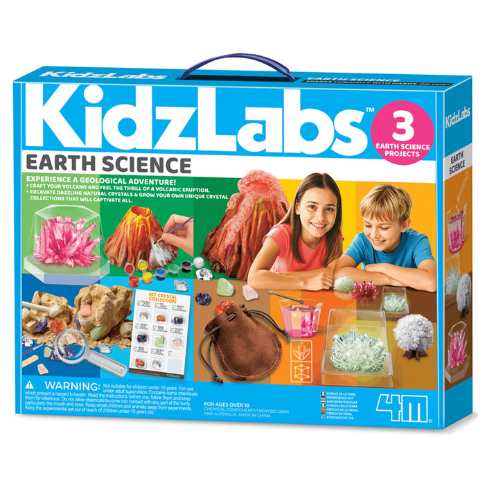 Box of KidzLabs Earth Science kit with images of children and science projects on a white background.