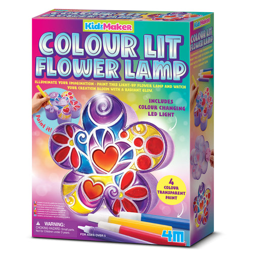 Box of Kids Maker Colour Lit Flower Lamp craft kit with colorful design and paint markers.