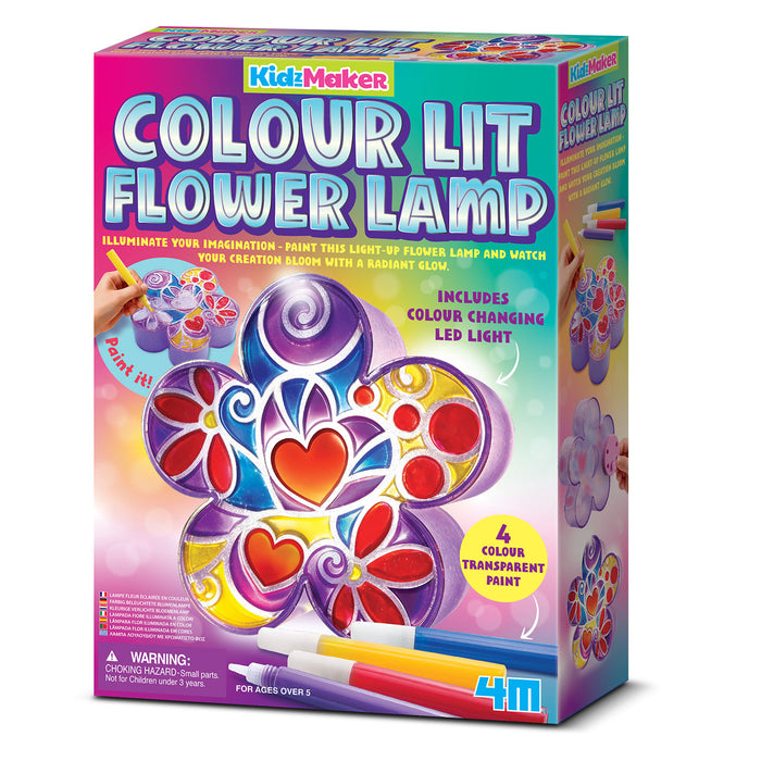 Box of Kids Maker Colour Lit Flower Lamp craft kit with colorful design and paint markers.