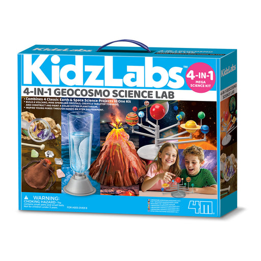 Box of KidzLabs 4-in-1 Geocosmo Science Lab with images of science experiments and children.