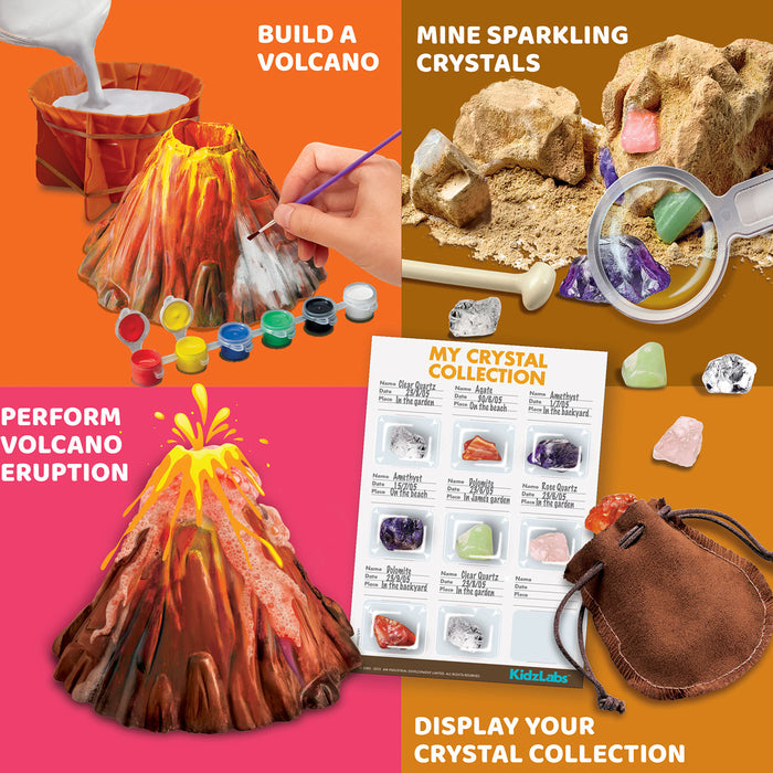 Collage of science experiment kits including building a volcano, mining crystals, and displaying crystal collection.