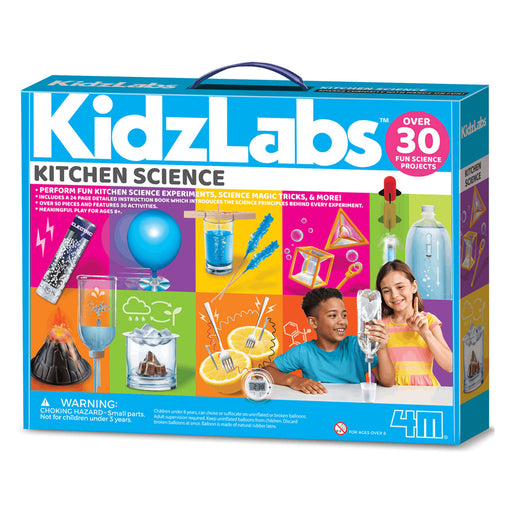 KidzLabs Kitchen Science toy kit box on a plain white background. The packaging is bright blue with multicolored graphics showing science experiments, a handle on top, and the KidzLabs logo across the top.