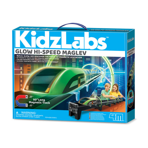 Box of KidzLabs Glow Hi-Speed Maglev toy set with green train and children on a white background