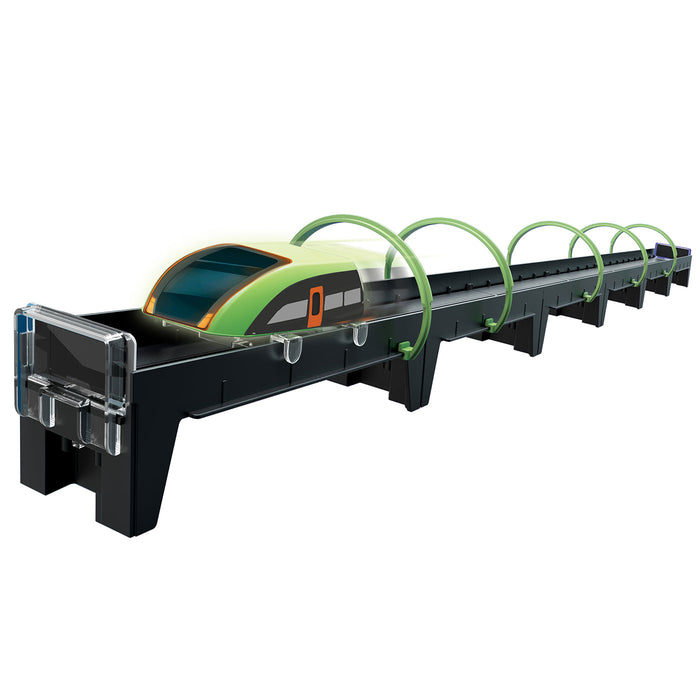 Model of a futuristic train on a track with green and black design