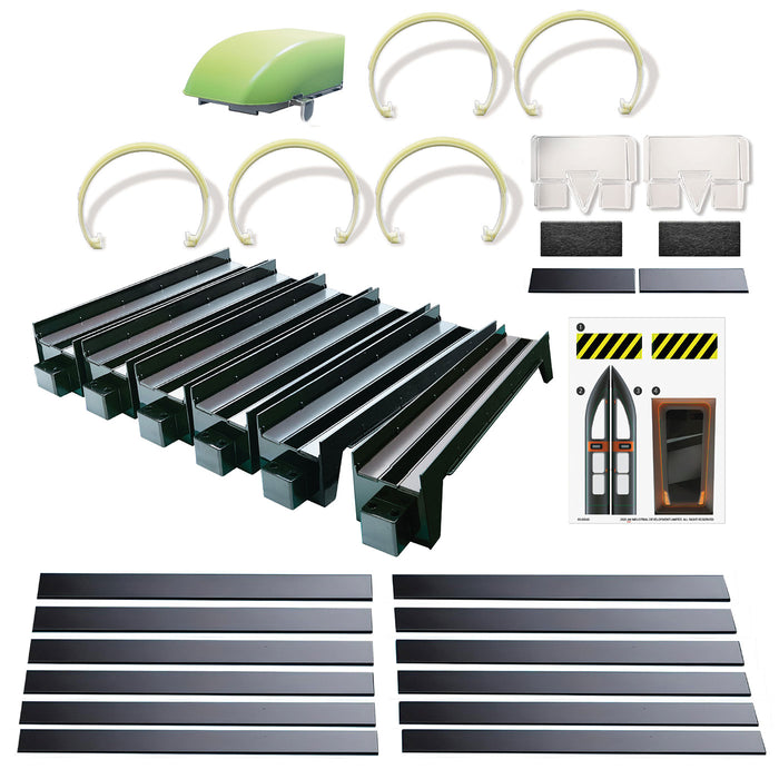 Collection of architectural model parts including beams, brackets, and decorative elements on a white background.
