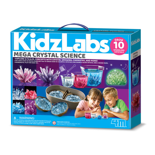 Box of KidzLabs Mega Crystal Science kit with images of crystals and children, on a white background.