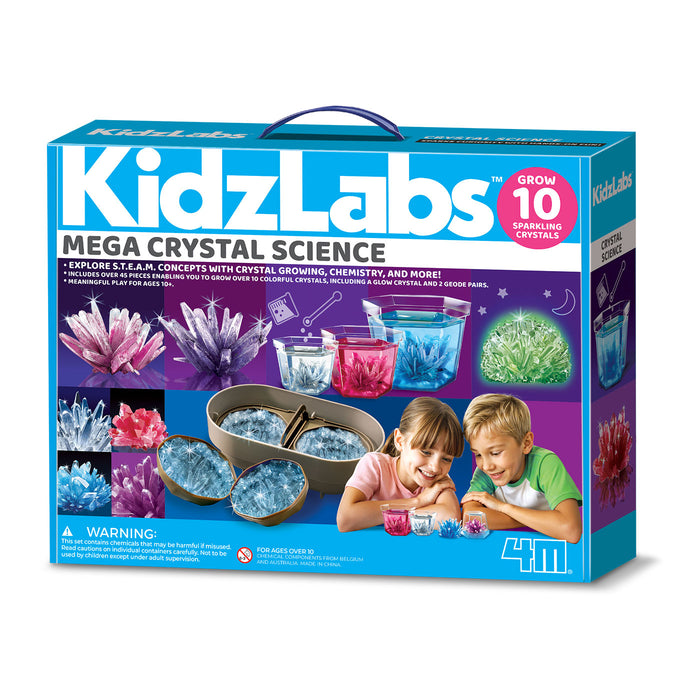Box of KidzLabs Mega Crystal Science kit with images of crystals and children, on a white background.