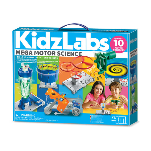 Box of KidzLabs Mega Motor Science kit with colorful graphics and images of children playing.