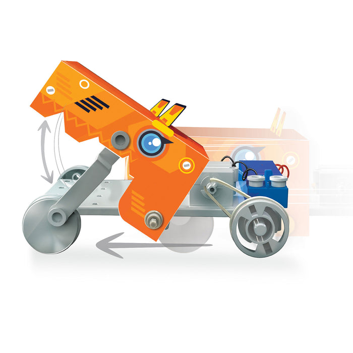 Illustration of a small robot or mechanical device with an orange arm and wheels on a white background