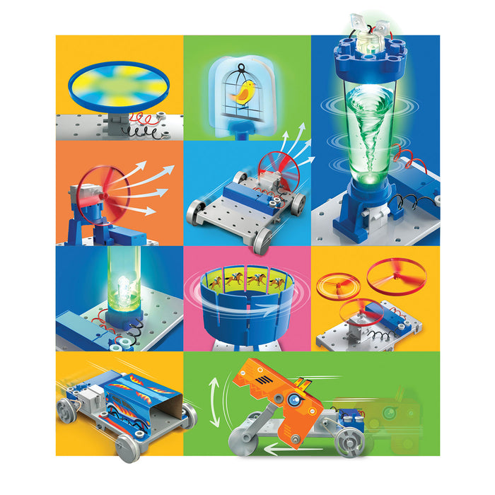 Collage of various scientific experiments on a colorful grid background