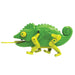 Toy chameleon with green body and yellow limbs on a white background