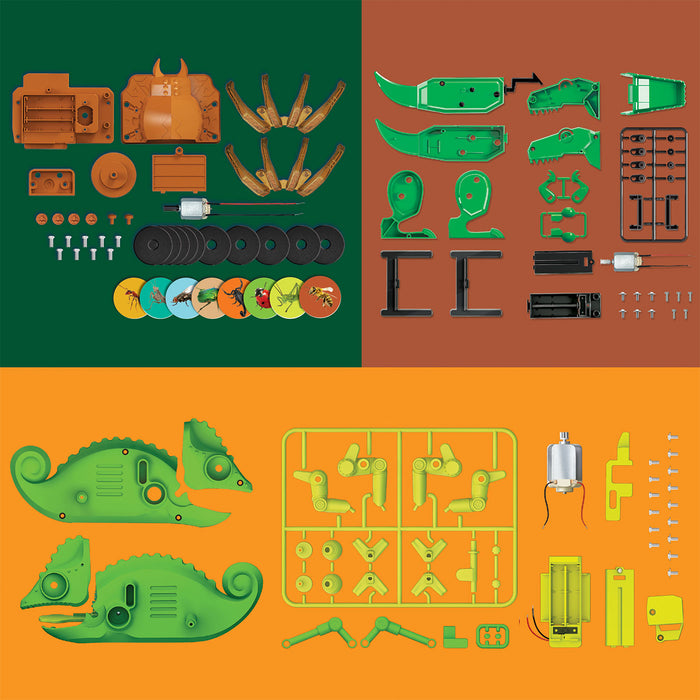 Set of toy parts and components on a green, brown, and orange background