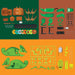 Set of toy parts and components on a green, brown, and orange background