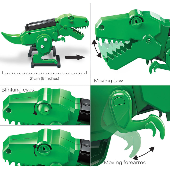Green dinosaur toy with features like moving jaw, blinking eyes, and moving forearms on a white background.