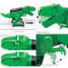 Green dinosaur toy with features like moving jaw, blinking eyes, and moving forearms on a white background.