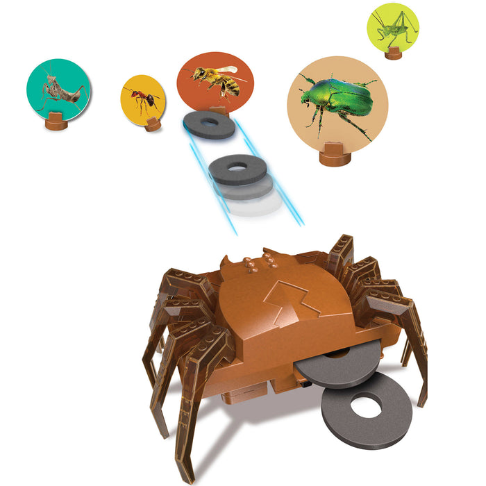 Toy spider with interchangeable insect figures on a white background