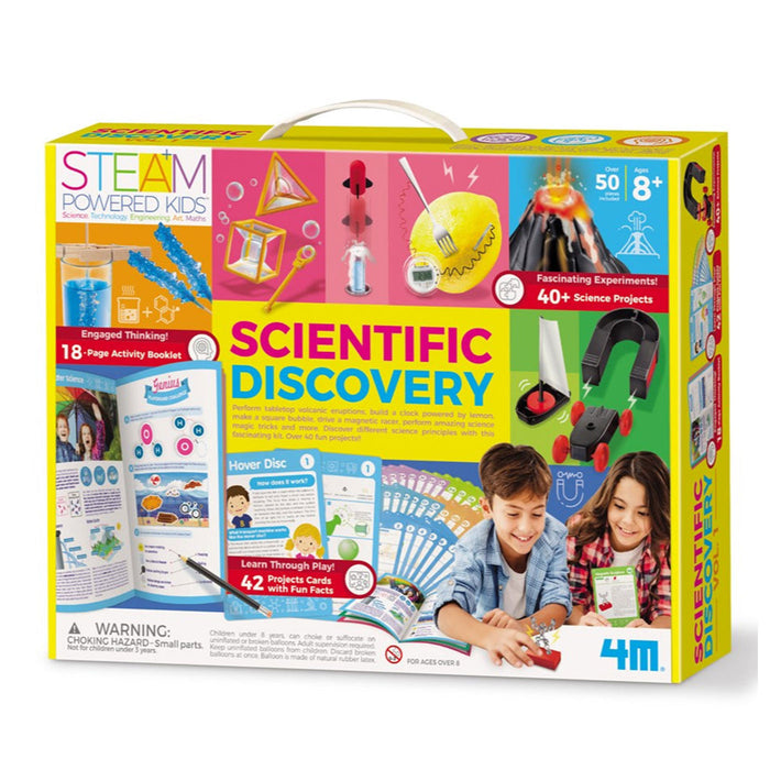 Scientific discovery kit packaging with colorful design and images of children and science experiments.