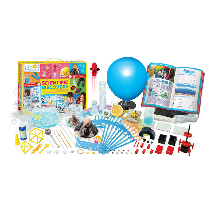 Scientific discovery kit with various components on a white background