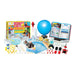 Scientific discovery kit with various components on a white background