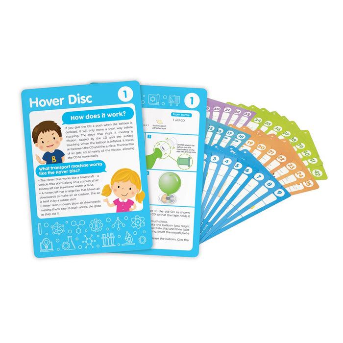 Educational cards with colorful designs and text on a white background