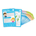 Educational cards with colorful designs and text on a white background