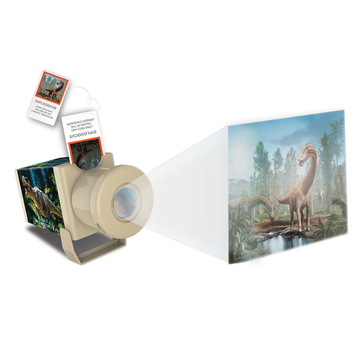 Dinosaur-themed product with cards and tape on a white background