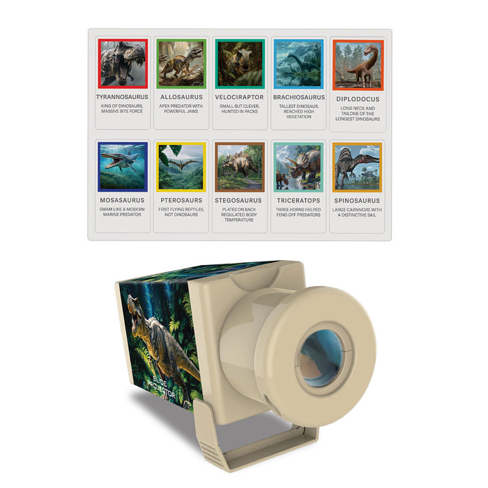 Dinosaur-themed product packaging with images of various dinosaurs on a white background