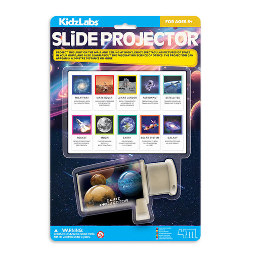 Slide projector packaging with images of planets and stars on a white background